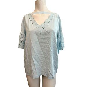 Loft Ladies Medium Baby LIght Blue Crochet Linen Blouse Short Bell Sleeve Lace
